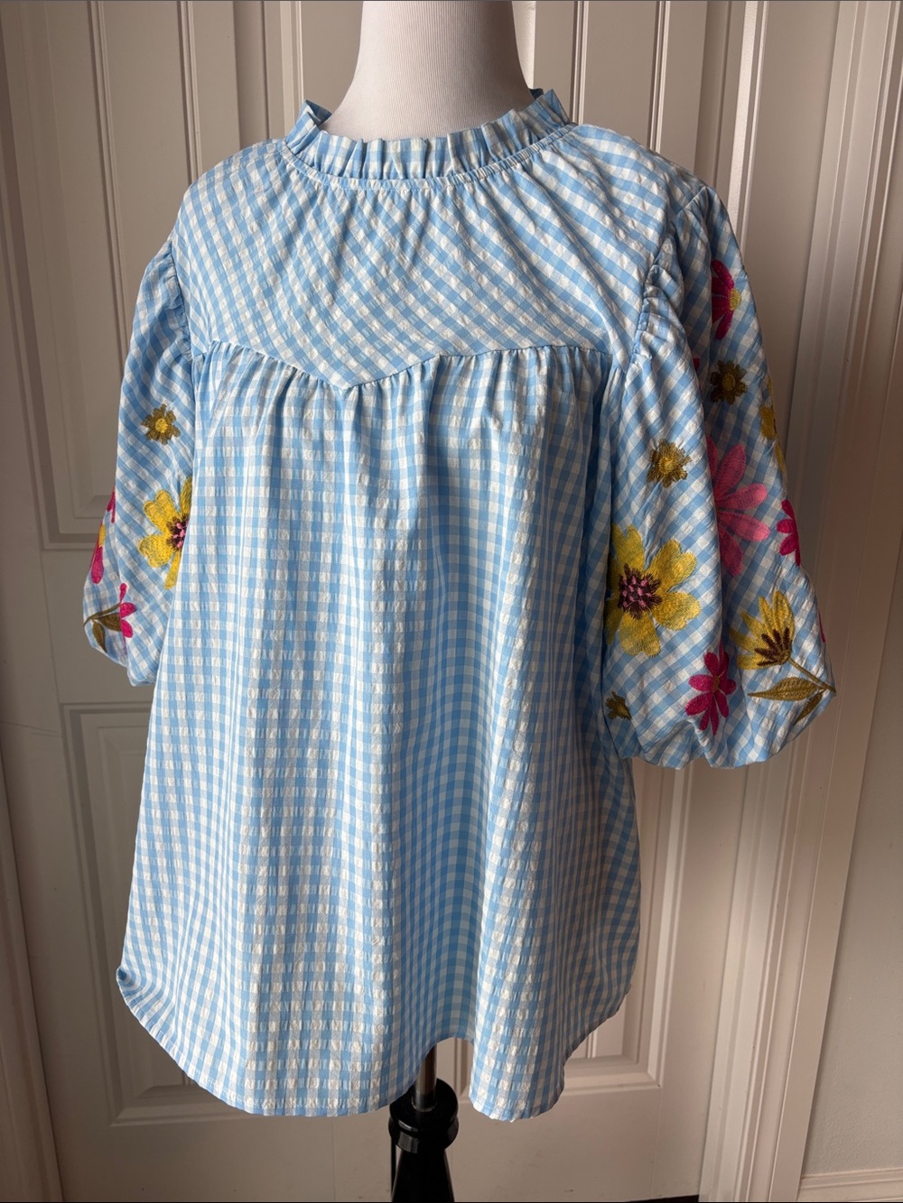 ODDI 💙Blue Gingham Puff-Sleeve Top with Floral Embroidery